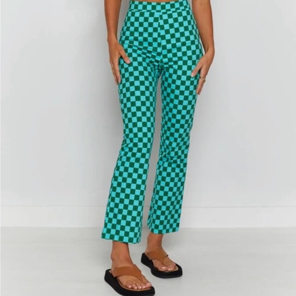 BEGINNING BOUTIQUE LORELAI. CHECK ANKLE PANT GREEN TURQUOISE  NWT S - Picture 2 of 11